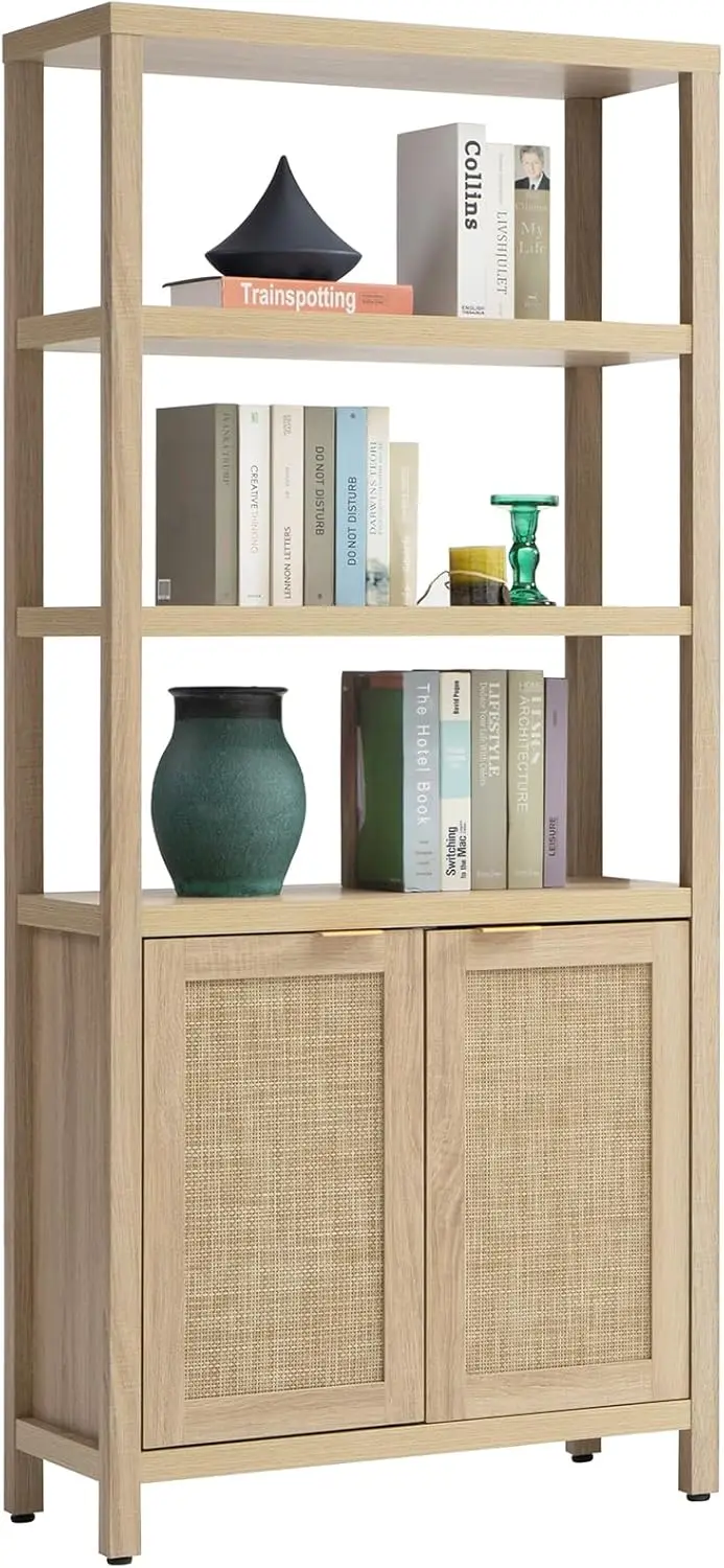 SICOTAS Bookshelf 5 Tier Book Shelf Rattan Boho Tall Bookcase with Doors Storage Wood Shelves Large Bookshelves Farmhouse