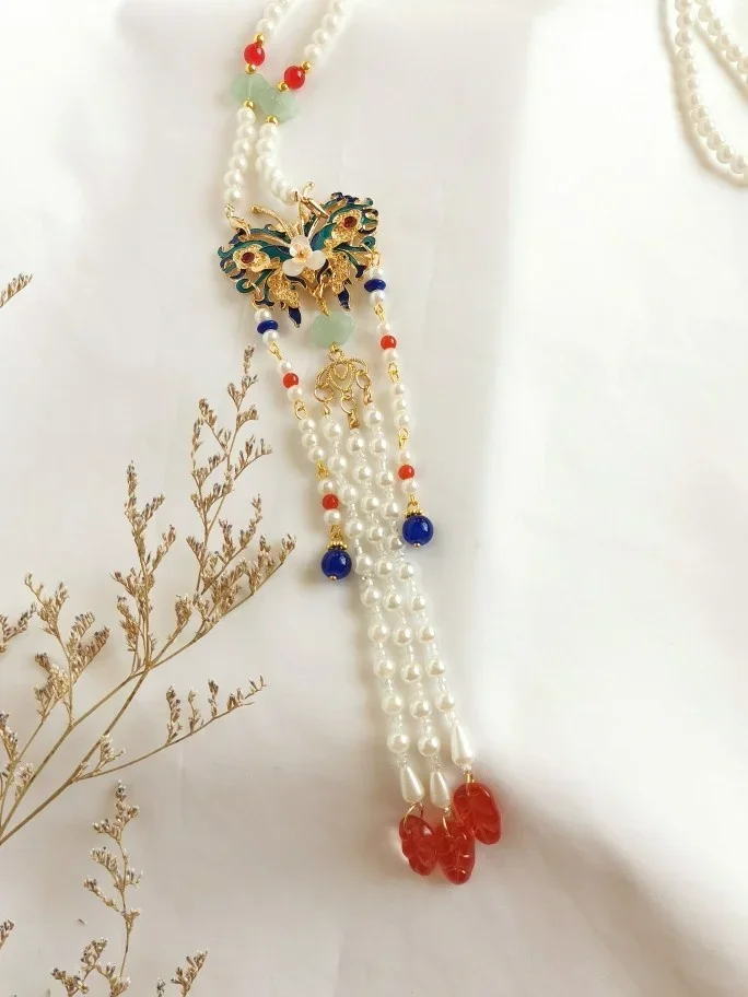 Collar de Borla larga Azul Quemado Yahoo Chino, Kostenlose Lieferung, Perla de Imitación, Nube trasera, Mariposa, Accessoires Hanfu