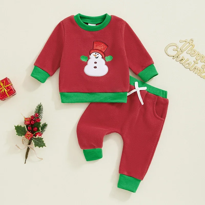 

Toddler Boys Christmas Outfits Snowman Embroidery Long Sleeve Polar Fleece Sweatshirts Long Pants 2Pcs Fall Clothes Set