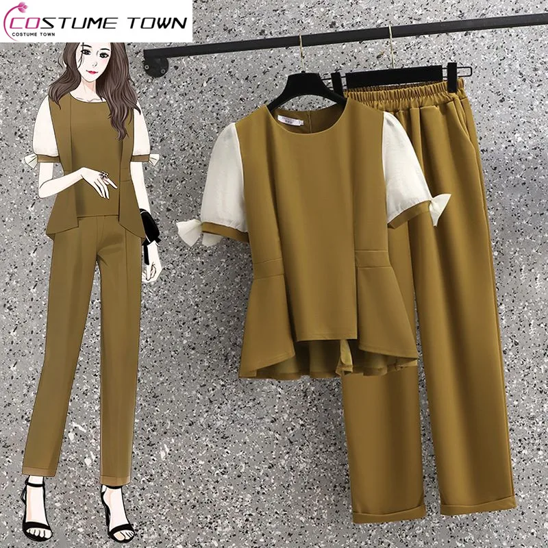 

Vintage Patchwork Short Sleeved Chiffon Shirt Casual Pencil Pants Two-piece Elegant Women's Pants Set Summer Outfits Clothing