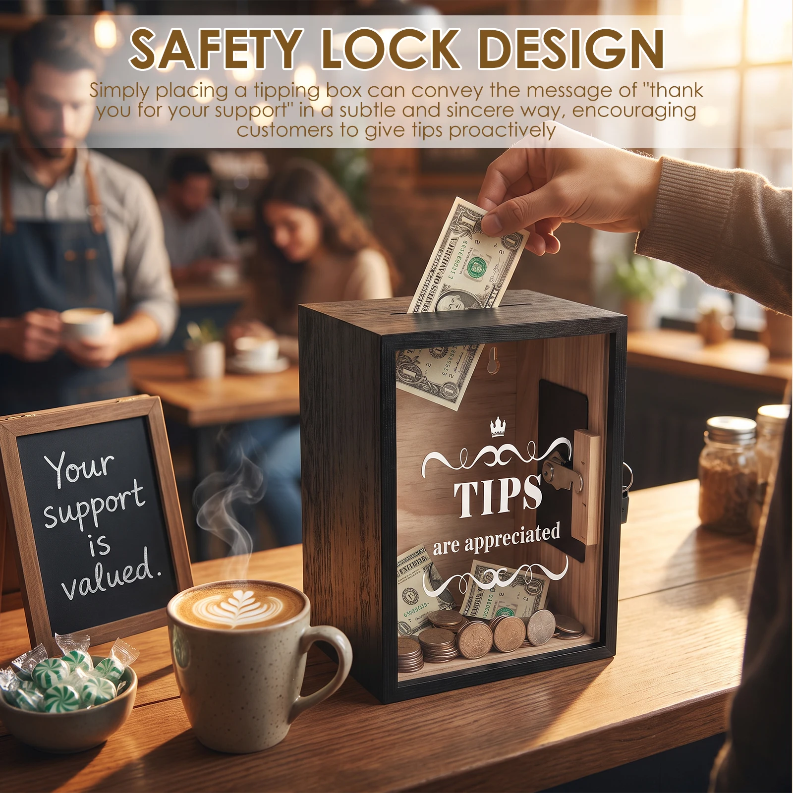 Secure Tip Box with Lock and Slot for Cafe Bar Performance Hair Salon Tip Jar Tip Box Money Saving Box Elegant Tip Box for Cafe