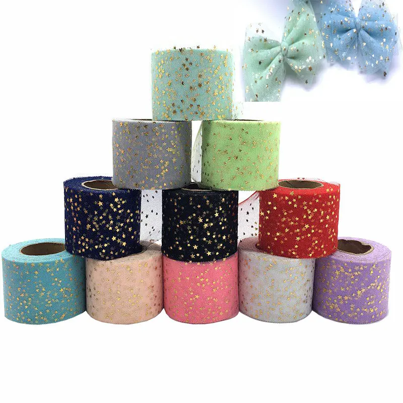 6CM 25Yard Colorful Star Bronzing Soft Chiffon Tulle Sheer Ribbon for DIY Craft Bouquet Gift Bow Wrapping Holiday Wedding Decor