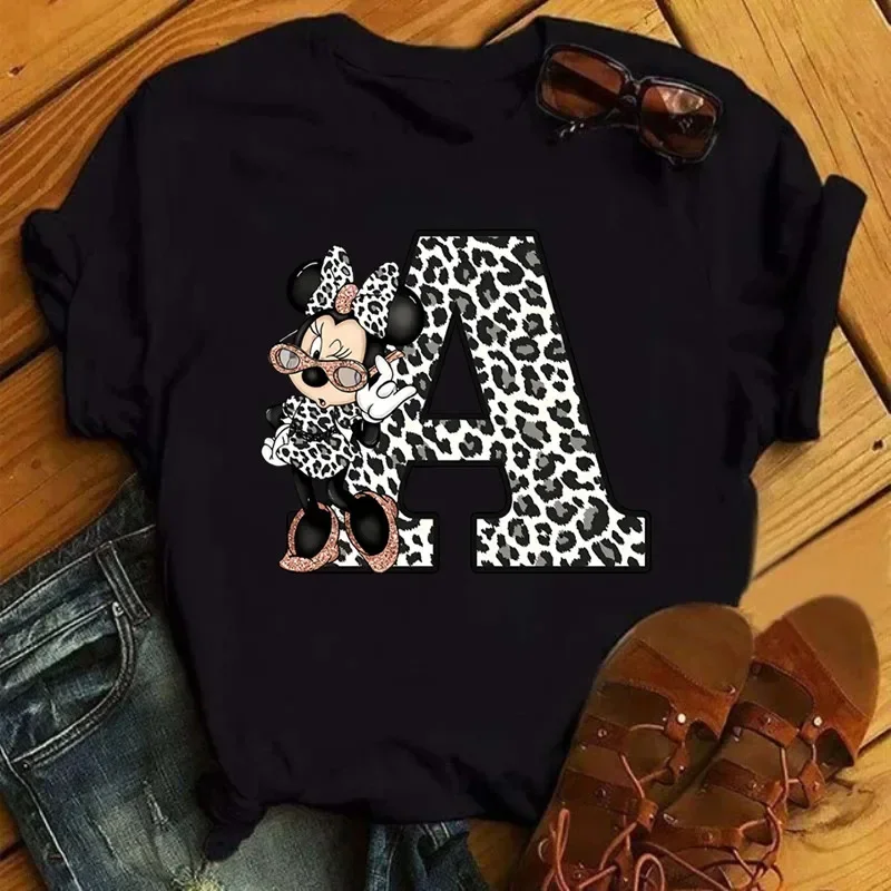 Tops for Women Leopard Minnie T-shirt Mouse A-Z 26 English Letters Short Sleeve Balck Tops Tee Clothing for Woman T-shirts