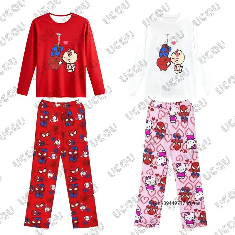 

Autumn Clothes For Men Spider-Man & Hello Kitty Print Long Sleeve Tshirt+Pajamas Pants Sets Casual Suit Couples 2 Piece Outfits