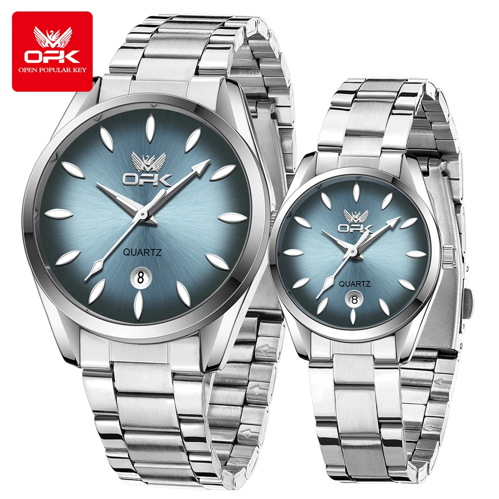 OPK 6038 Couple Watch Pair for Men Women Stainless Steel Auto Date Waterproof Luminous Fashion Lover\'s Quartz Wristwatch Sets