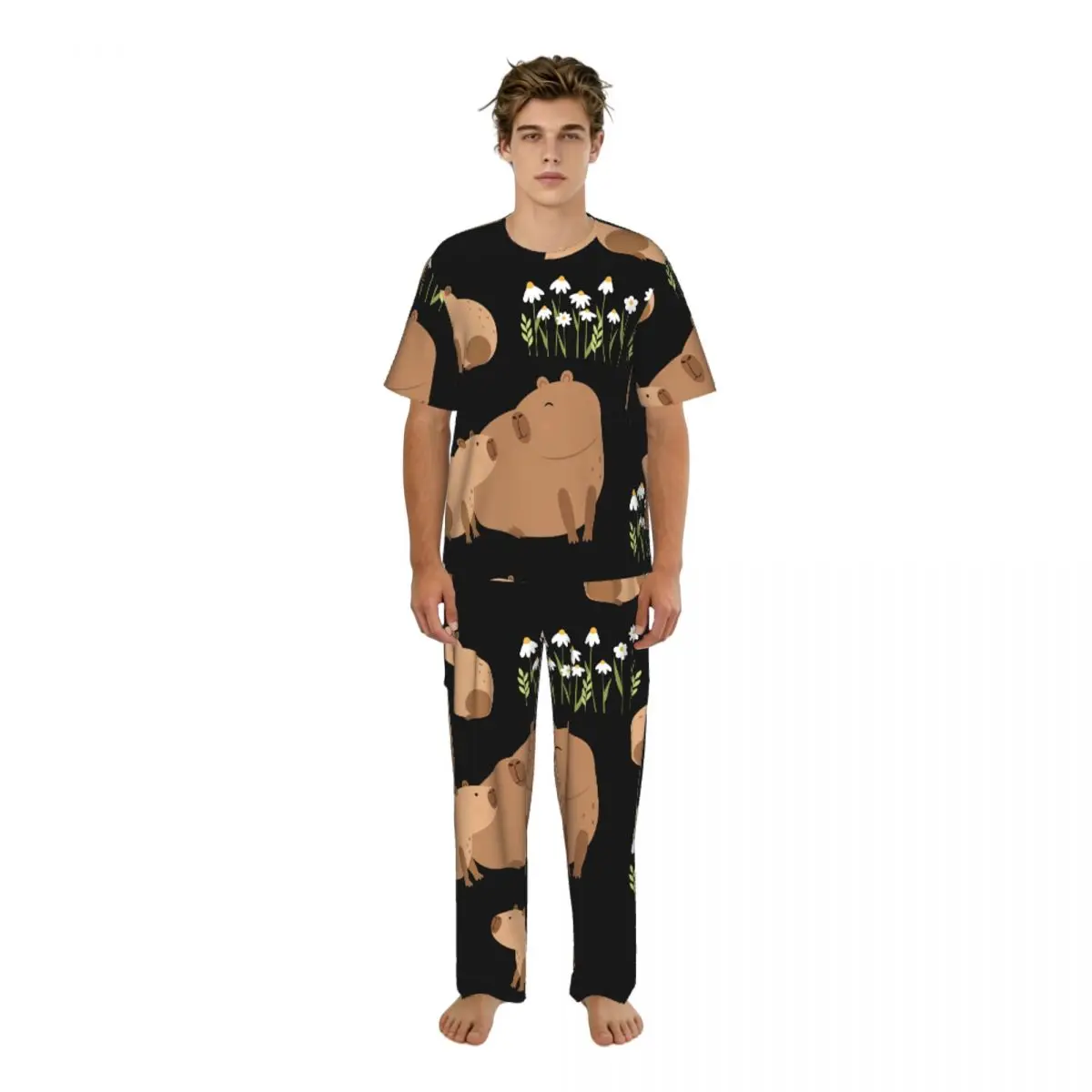 Men Pajamas Set Capybara Pattern Short Sleeve Spring Summer Lounge Sleepwear Male Nightwear