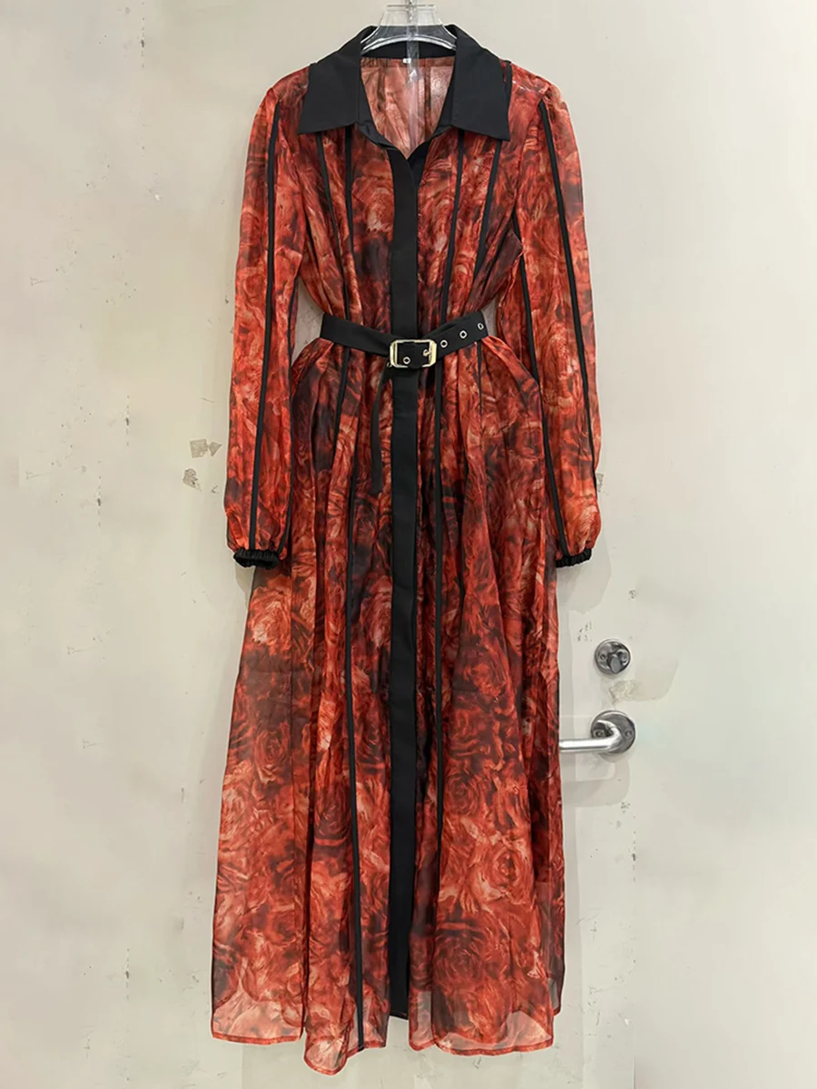 VGH – robe longue Vintage à imprimé Floral pour femmes, manches lanternes à revers, taille haute, Patchwork, maille transparente, nouvelle tendance