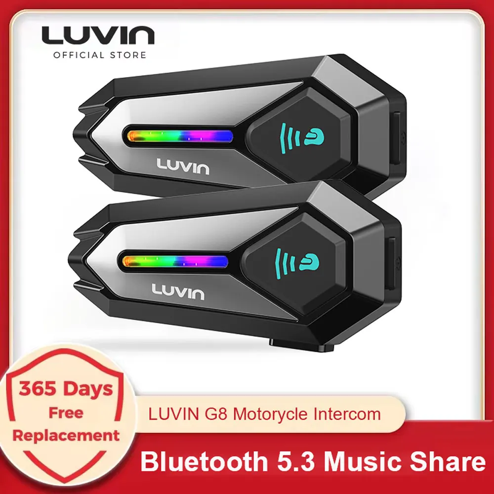 Luvin G8 Motorcycle Intercom Bluetooth Helmet Headset Headphones Walkie Talkie Waterproof Music Share RGB lighting 300M 2 Rider