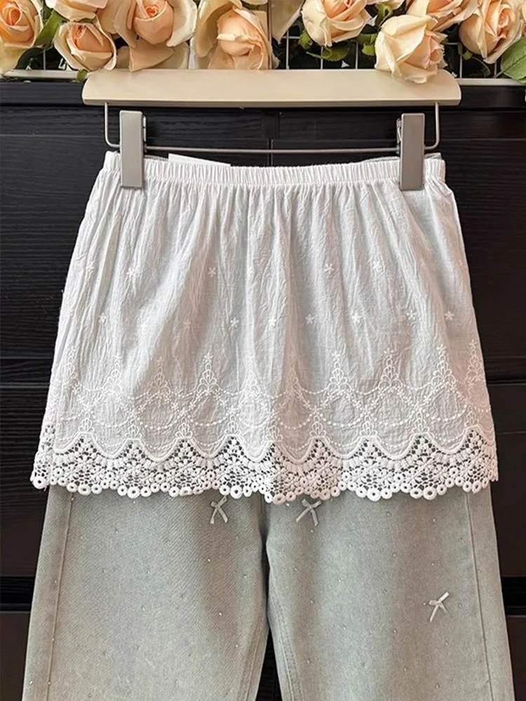 

Женская короткая толстовка с кружевной отделкой, юбка-трапеция для многослойных образов, осенне-зимние базовые брюки, юбка-трапеция, повседневный стиль, полиэстер
