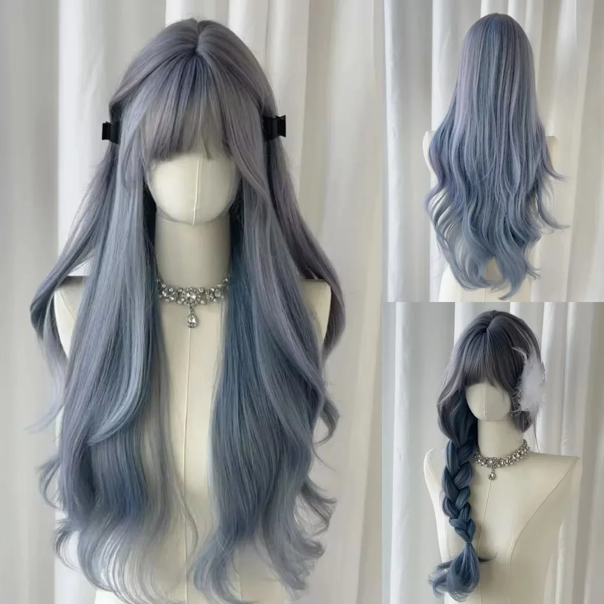 

Ashely Wig for Women Long Curly Wave Haze Blue Wigs with Bangs 24inch Natural Simulation Fluffy Lolita Wig for Cospay Daily Use