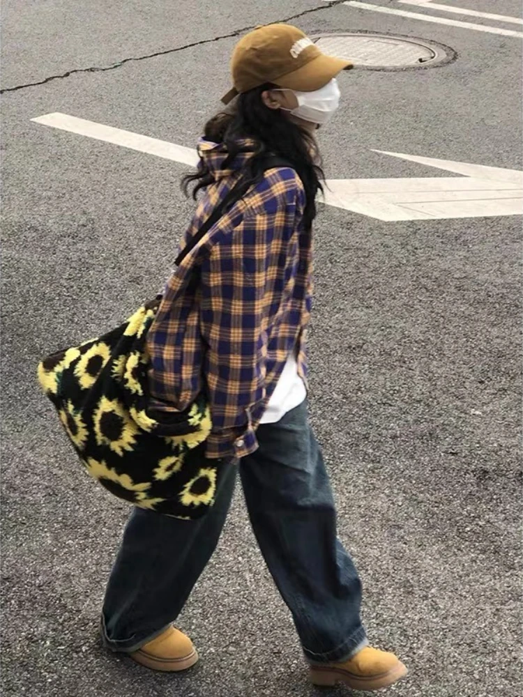 HOUZHOU Women Plaid Hooded Shirts Vintage Y2k Oversized Harajuku Long Sleeve American Style Checked Blouses Casual Streetwear