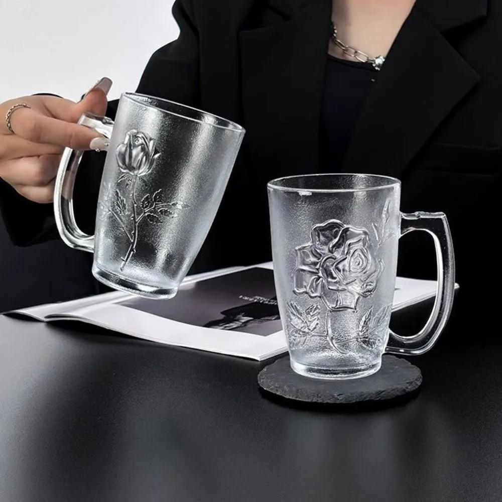 Rose-Print Frosted Glass Mug with Sturdy Handle, Large-Capacity Mug for Juice or Floral Tea, Adds Elegance to Daily Sips