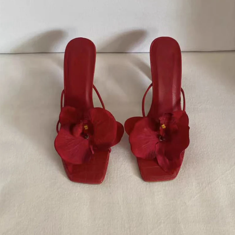 Infradito con tacco alto fiore rosa verde quadrato Toer scarpe da spiaggia per le donne estate indossare sandali a spillo con Slingback rosso 2024