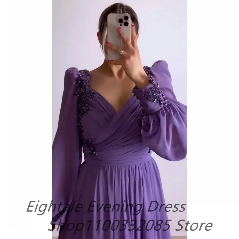 Eightale Customized Purple Chiffon Long Puff Sleeve A Line Arabic Evening Dress Applique Beaded Prom Gown Turkish Party Dresses