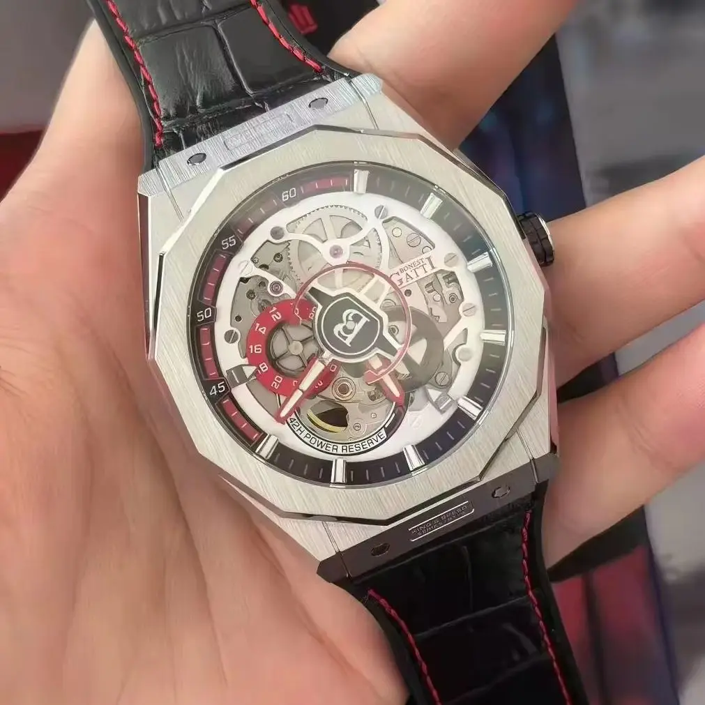 BONEST GATTI Men Automatic Watch 42mm Mechanical Wristwatch Sapphire Mirror Skeleton Dial 50M Waterproof Luminous Fashion Dial