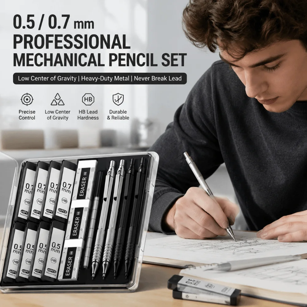 

0.5mm 0.7mm Mechanical Pencil Set Full Metal HB Automatic Pencil Set School Supplies Low Gravity Student Writing Tool Office Use