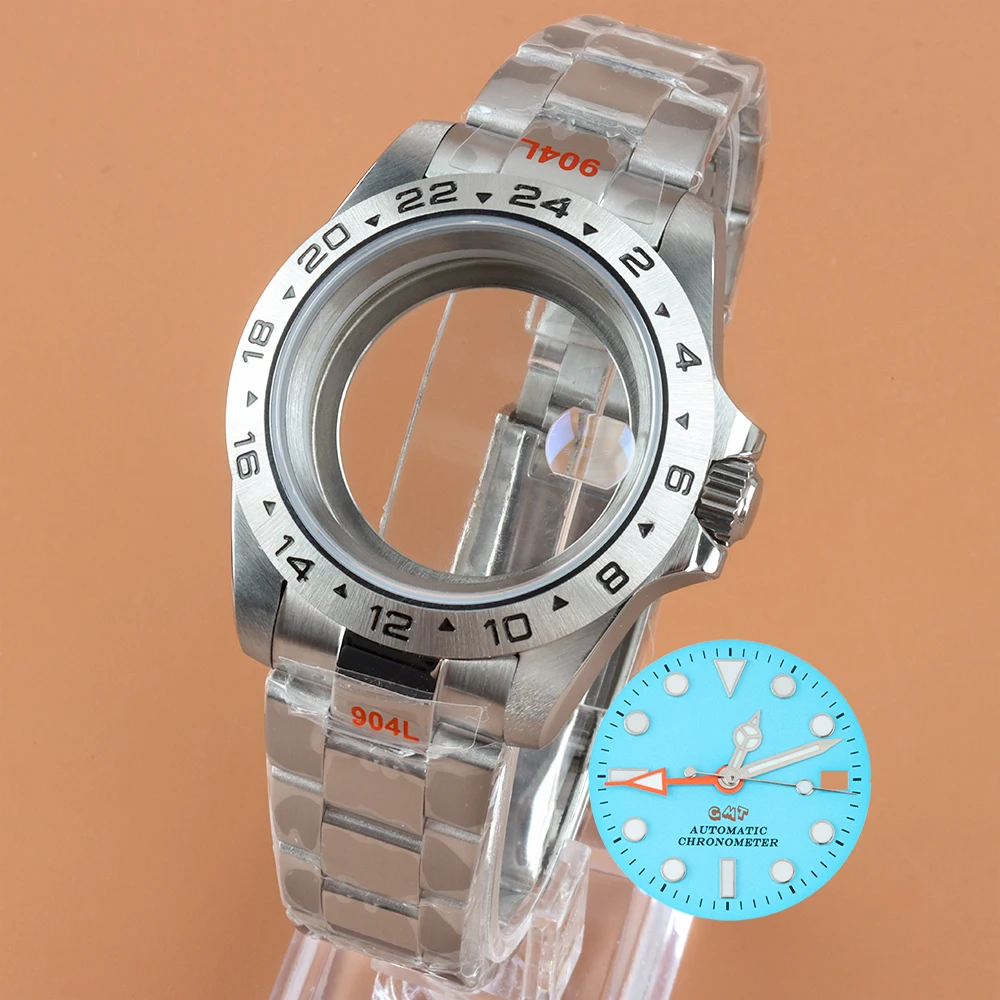 Blue 28.5mm Dial Hands Green Luminous 39mm Watch Case with Polish oyster Strap Bracelet For EXP GMT NH34 Movement Sapphire Glass