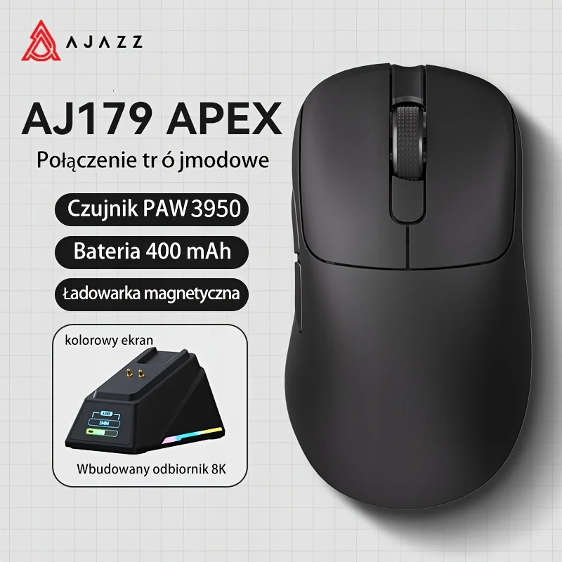 AJAZZ AJ179 APEX Gaming-Maus mit Farbbildschirm-Dock, Magnetisches Laden, 8000Hz Hochfrequenz, Tri-Mode (PAW3950) Rechtshänder