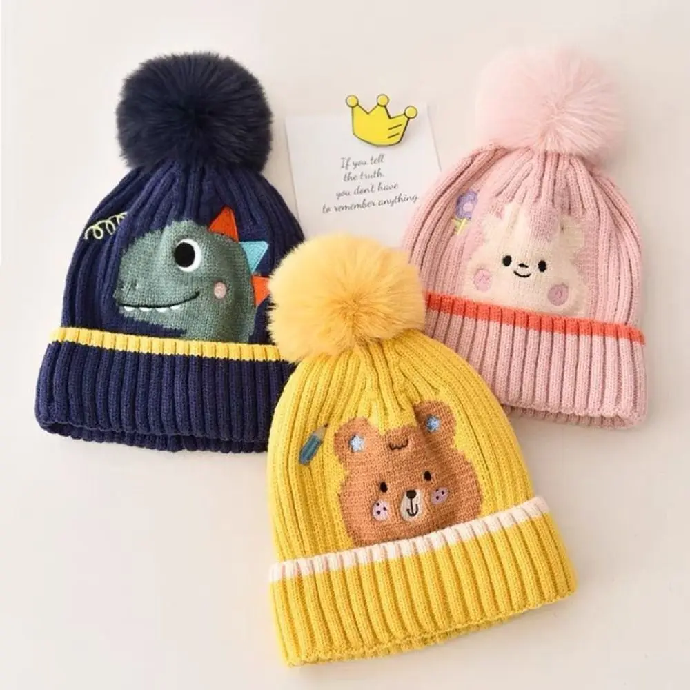 

Protection Solid Color Cartoon Knitted Hat Woolen Thermal Hat Baby Beanie Cap Hairball Skullies Kids Crochet Hat Outdoor