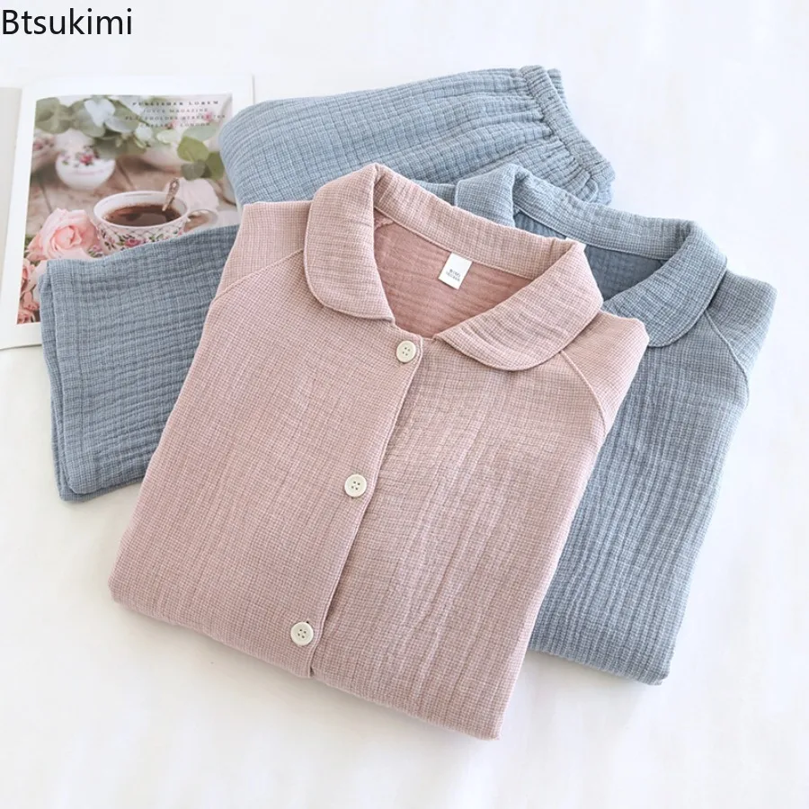 New 2025 Spring Couple's Sleepwear Set 100% Cotton Crepe Fabric Long Sleeved Long Pants Two-piece Home Wear Pajama Suit Ladies