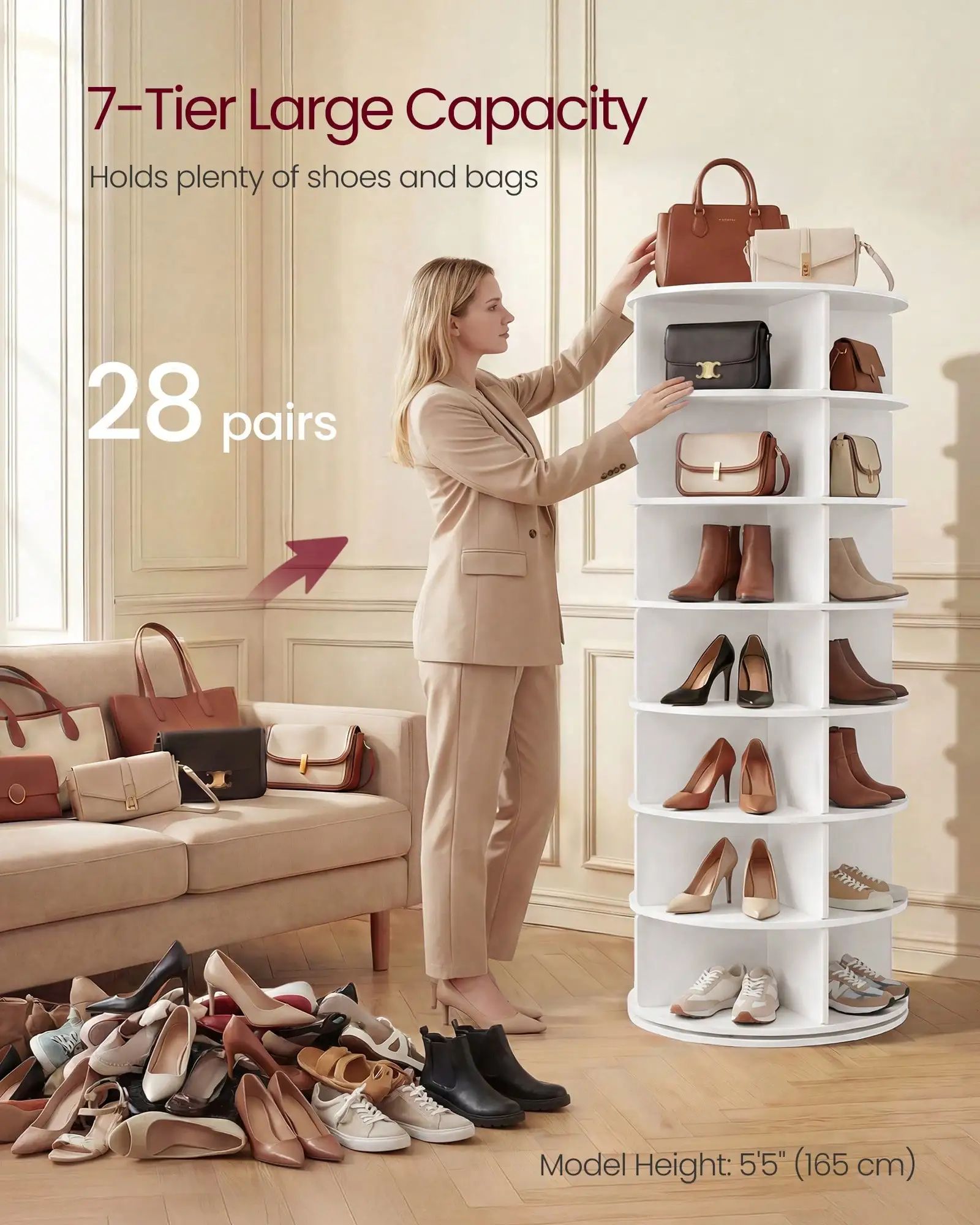 7‑Tier Rotating Shoe Rack Tower, Freestanding 360° Spinning Shoe Organizer, Lazy‑Susan Storage Rack for Shoes & Bags, for Corners, Closets and Small Spaces