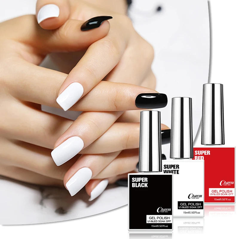Esmalte em Gel Super Preto, Branco e Vermelho 15ml, UV LED Soak Off, Longa Duração, Alto Brilho, Uso Profissional e Doméstico para Nail Art