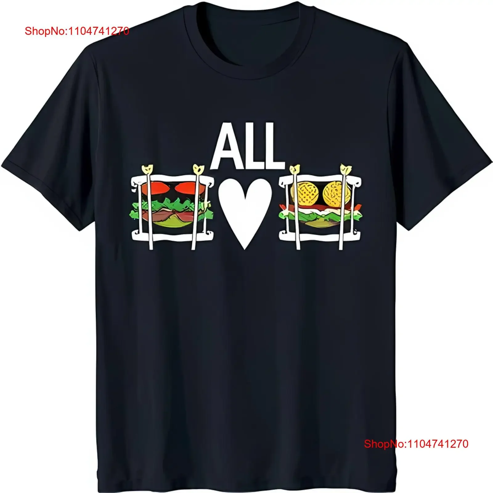 Camiseta negra de moda con corazón blanco atrevido 'ALL' divertido hamburguesa vintage lavada versátil elegante estirado suave cómodo