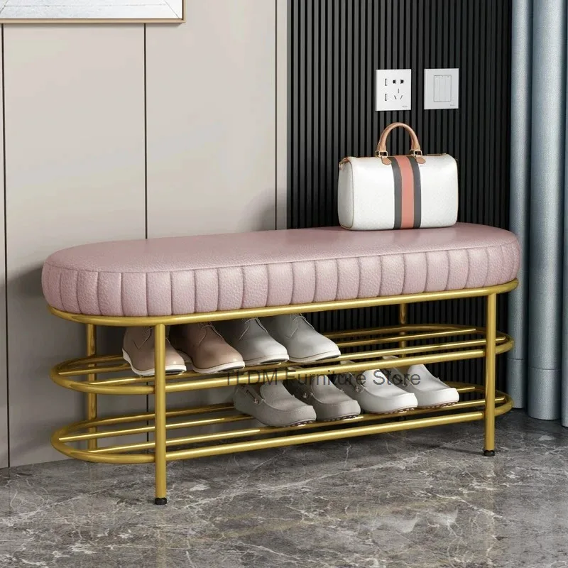 Stool Nordic Vertical Tufted Padded Shoe Bench，OvalMetal Shoe Storage Racks Multifunctional Entryway Shoe Changing for Hallway