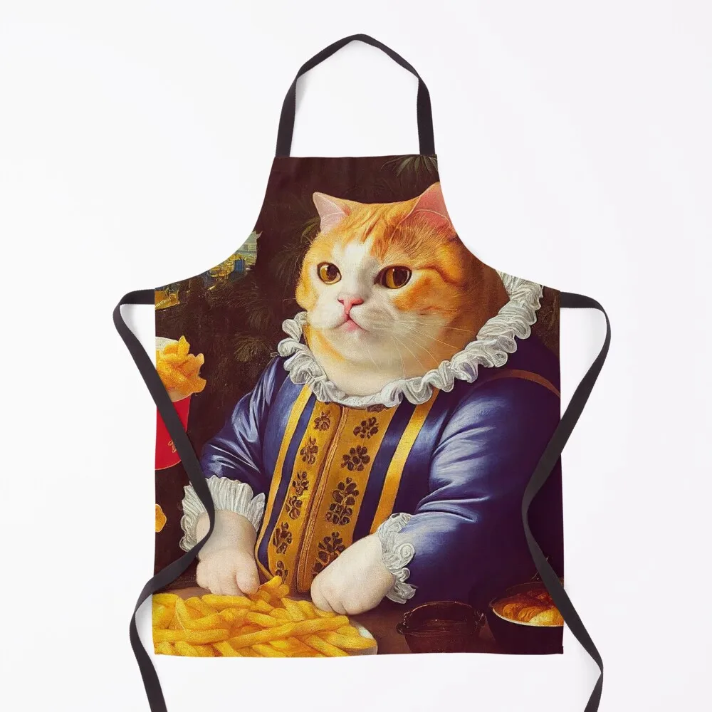 

Cat eating French fries Apron Beauty Art with personal logo Kitchen Things For Home Apron