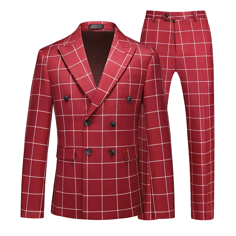 ( Jacket + Pant ) Luxury Men Groom Wedding Suits High Quality Business Social Prom Party Double Breasted Plaid Dress 2 Piece