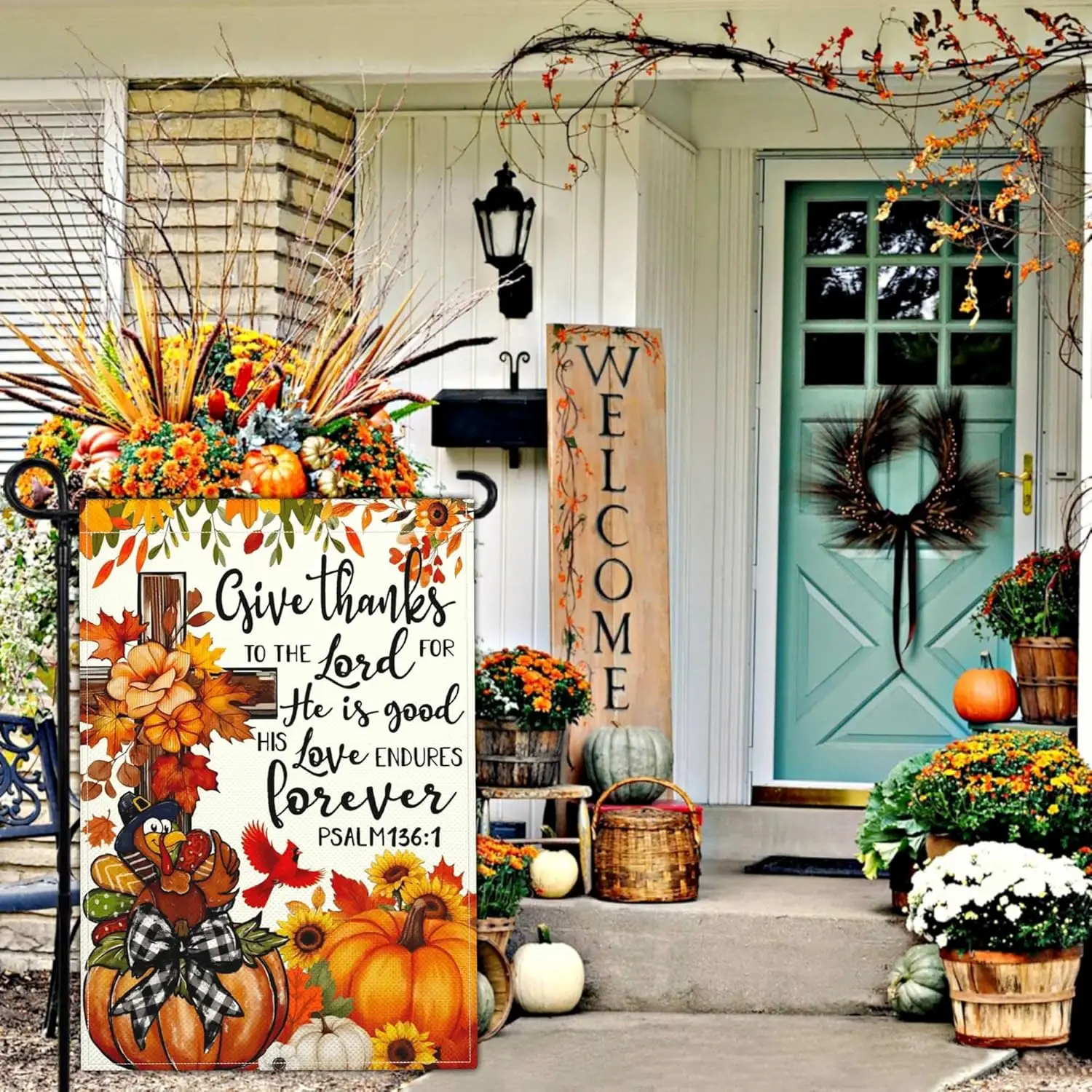 NASIAN Fall Thanksgiving Pumpkin Garden Flag 3Ply Polyester Thankful Give Thanks Fall Thanksgiving Pumpkin Garden Flags for  PPZ