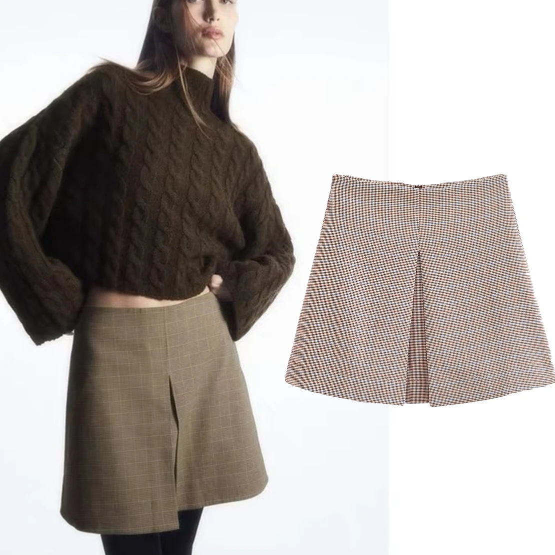 Dave&Di Autumn Winter British Fashion Retro Plaid  Waisted High A-line Skirt Mini Skirt For Women