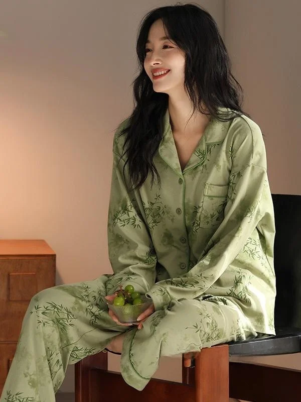純綿カーディガンパジャマ女性のカジュアルホーム服セット春秋冬快適な軽量高級insスタイル