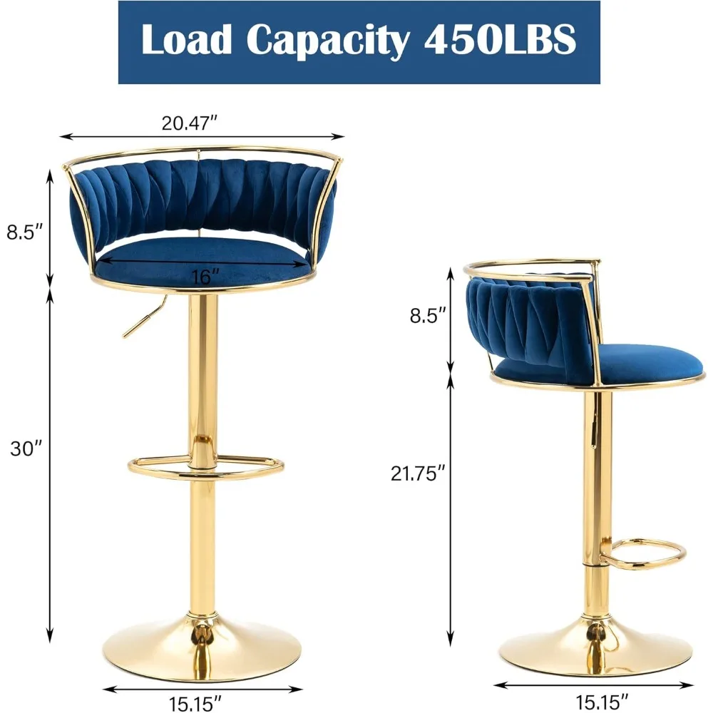 360° Swivel Bar Stools, Modern Adjustable Counter Height Velvet Bar Chair Gold Metal Stool