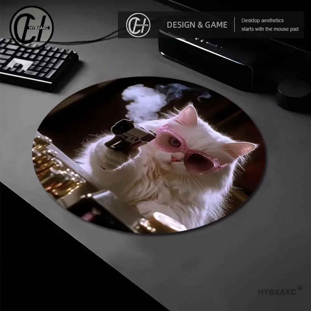 Cat Holding Gun Design Mouse Pad Round Computer Office Game Table Mats Rubber Anti-slip Gaming Keyboard Mousepads Soft Desk Mat