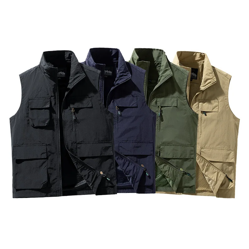 Casual vest men's loose large size spring and autumn multi pocket three-dimensional bag solid color sleeveless outdoor quick dry