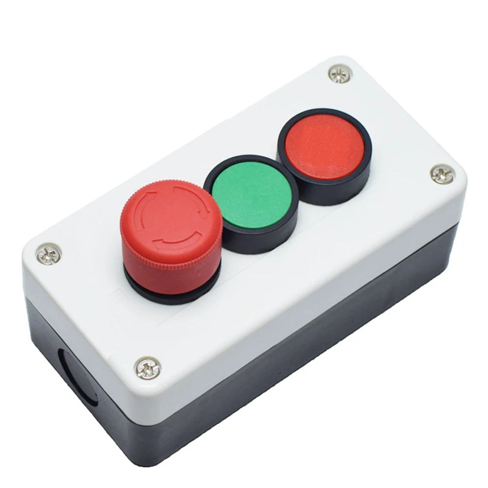 

Панель управления 10А с кнопками: красная кнопка аварийной остановки с фиксацией и зеленые кнопки мгновенного действия (НО) для пусковых цепей