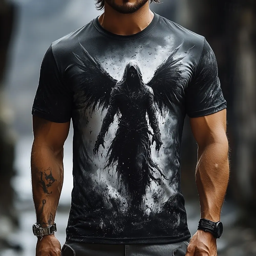 Men's Optical Illusion Grim Reaper Pattern Short Sleeve T-shirt Outdoor Gothic Style Street Party T shirt Casual Summer Clothing