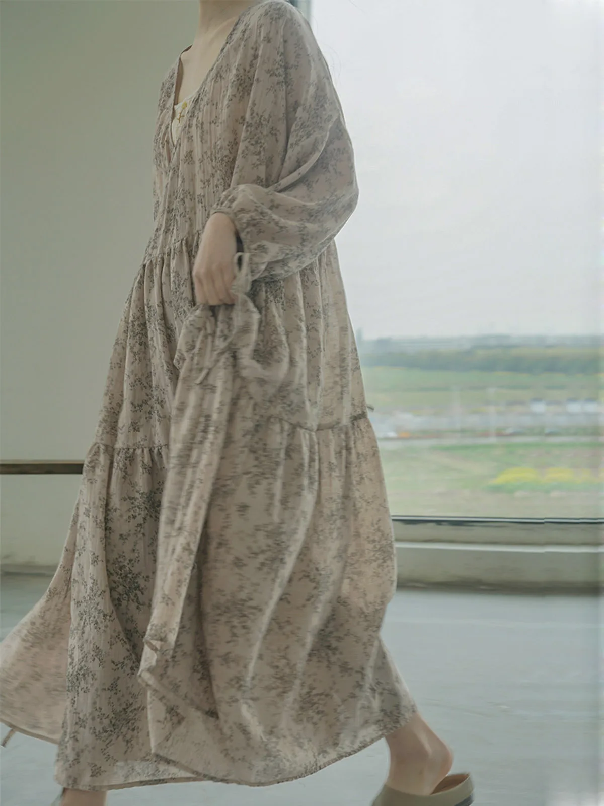 Französischer Stil Baumwolle Casual Wrap Before Floral Boho Lange Kleider Damen Puffärmel Sommerfalte Strandtunika Elegantes Turmkleid