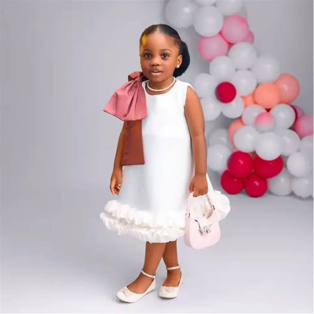 

Customized White Flower Girl Dress Big Bow Ruffles Sleeveless Dress Princess Birthday Party Gown Kids First Communion Gown