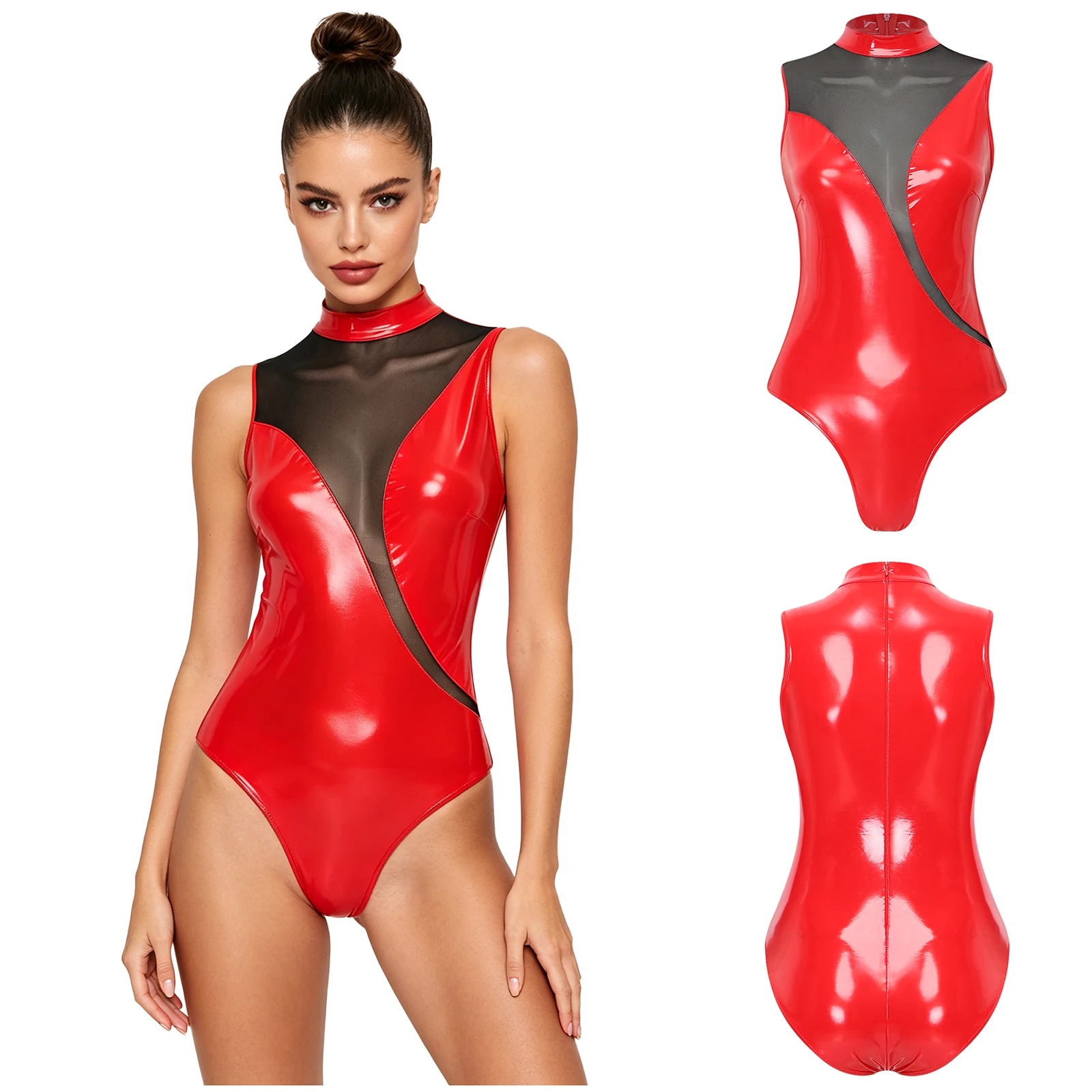 Womens Patent Leather Bodysuit Mock Neck Sleeveless Mesh Patchwork Shiny Leotard Clubwear Catsuit for Nightclub Rave Party Wear