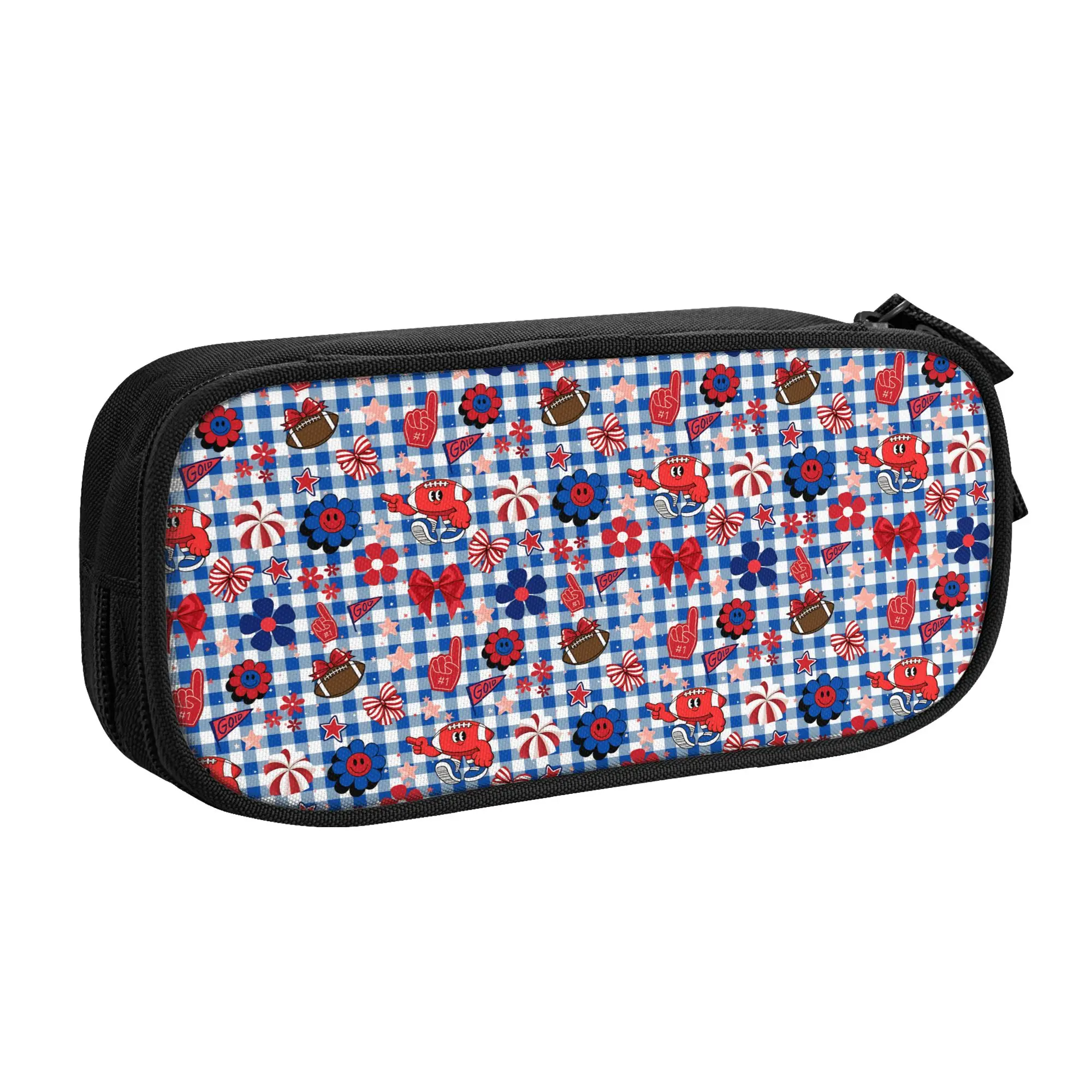 Gingham Plaid Rugby Union Cheer Bows Football  Kawaii Pencil Case Girl Boy Large Capacity  Pencil Bag Student School