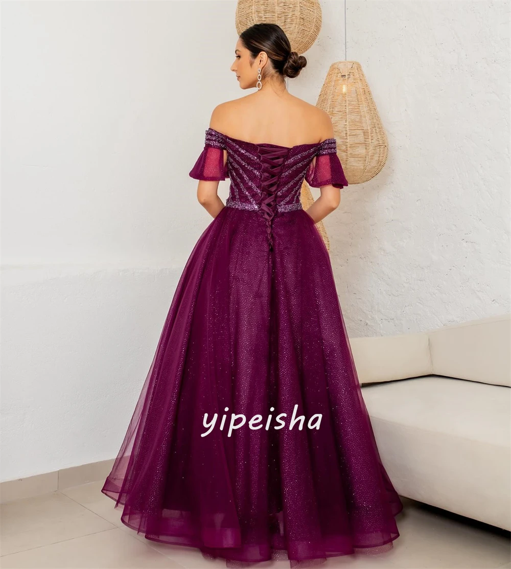 Maßgeschneiderter Abendkleid aus Organza mit Pailletten, drapiert, A-Linie, schulterfrei, maßgeschneidertes Anlasskleid, lange Kleider