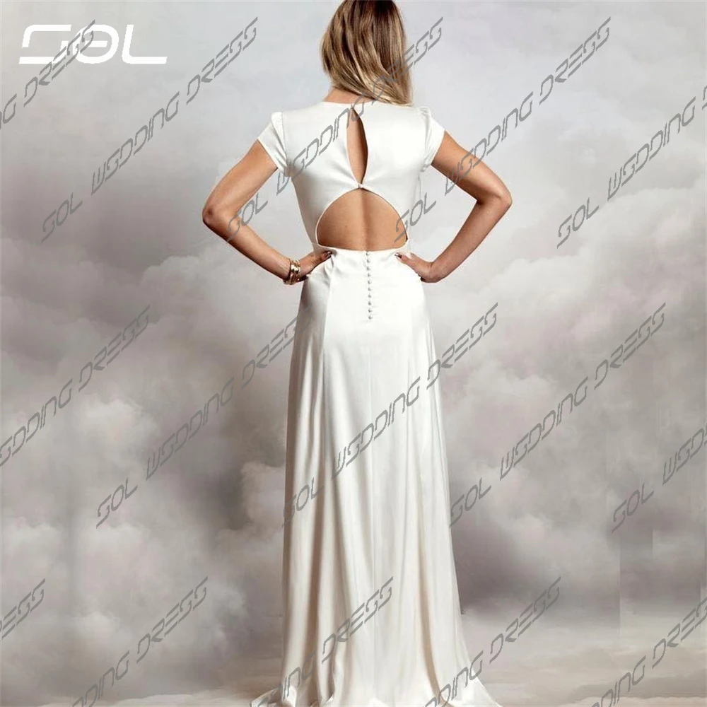 SOL-Robe de Mariée en Satin à Manches Courtes, Col Rond, Fente Latérale, Élégante, Dos aux, Ligne A, Longueur au Sol, Patients, Tout Sexy, Sur Mesure