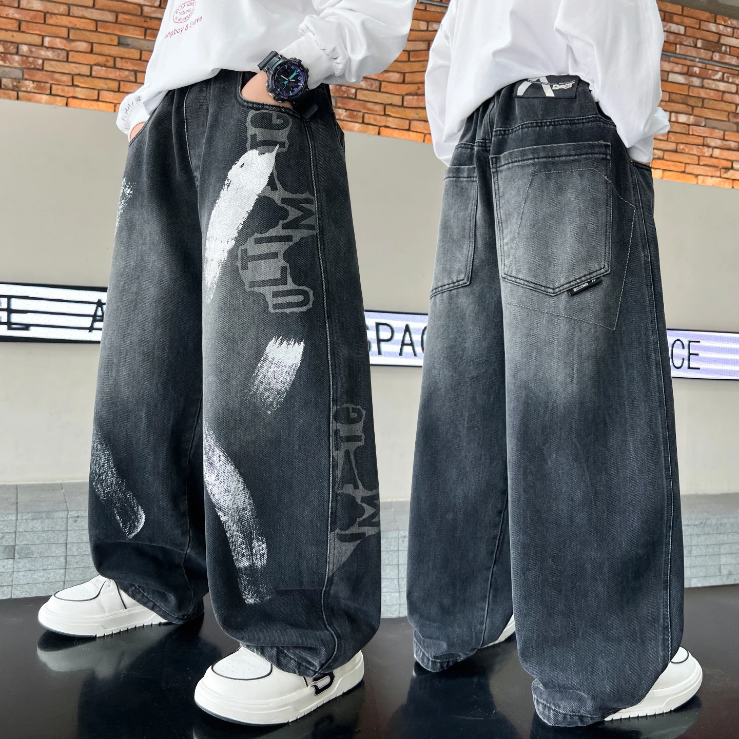 Boys Autumn Loose Wide Leg Jeans with Drawing Kids Spring New Style Handsome Straight Leg Denim Pants Children Trousers Clothing