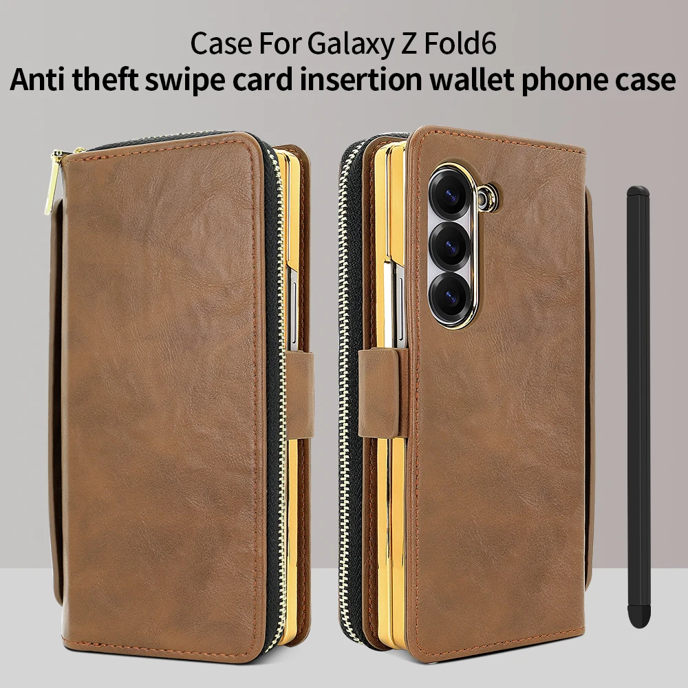 

Деловой чехол для телефона из искусственной кожи с кошельком для карт на молнии и ручкой для Galaxy Z Fold 7/6/5/4 - держатель для браслета с блокировкой RFID