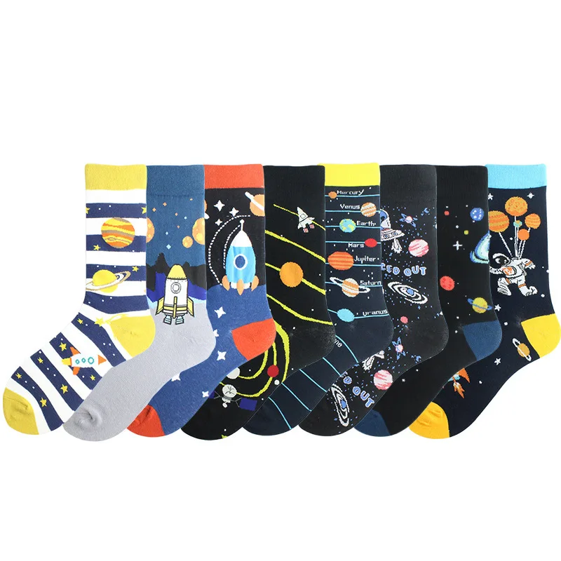 Happy Funny Unisex Painting UFO Astronaut Outer Space Rocket Men Crew Socks Male Boys Streetwear Cotton Causal Skateboard Sox