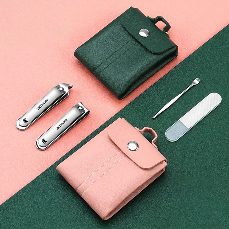 Travel Portable Nail Clippers Set, Household Manicure Pedicure Tools, Nail Cutter Ear Pick, Cuticle Trimming, Dark Green Pink