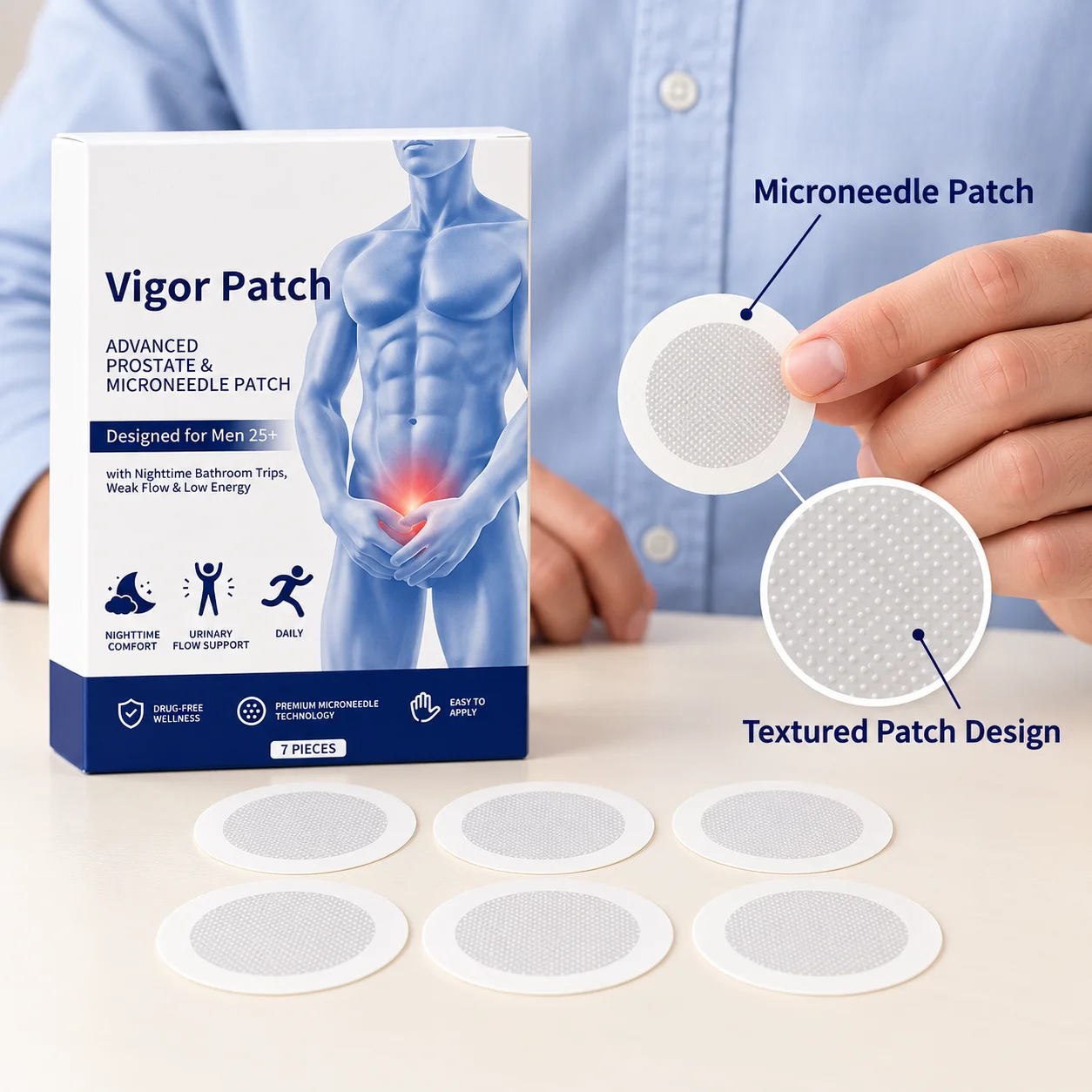 Round Microneedle Body Patches For Men With A Gentle Formula For Moisturizing Skin Care Supplied In A Seven Piece Boxed Package