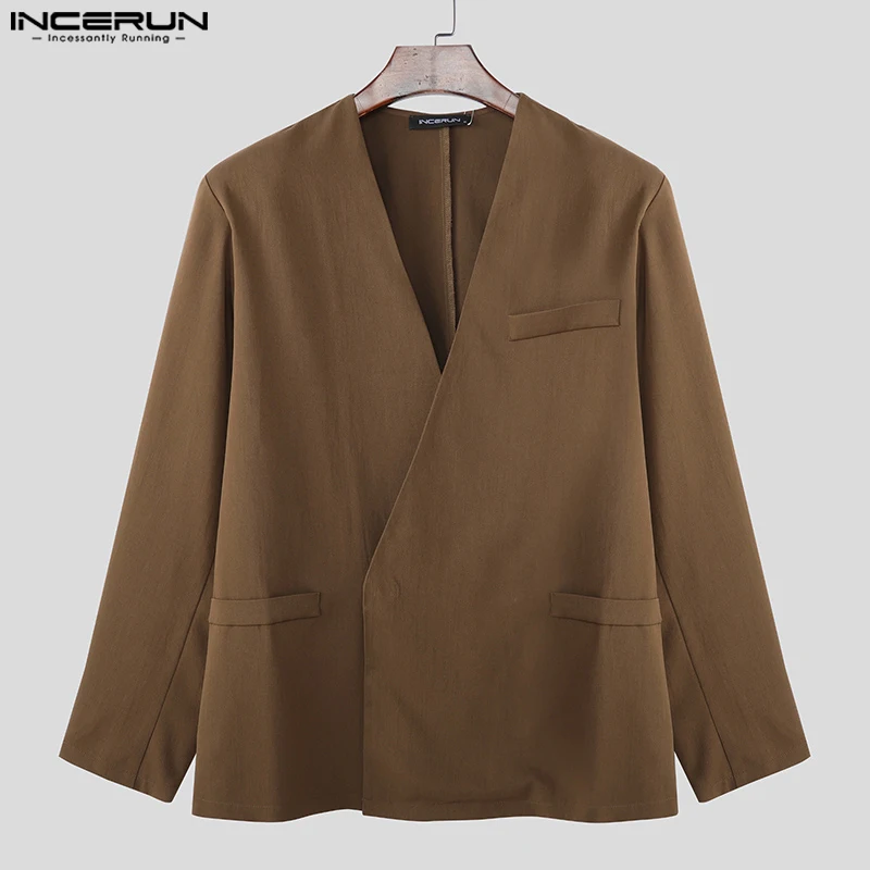 INCERUN Männer Blazer Einfarbig V-ausschnitt Langarm Mode Lässig Anzug Männer Streetwear Lose Koreanischen Stil Freizeit Männlich Dünne Mäntel